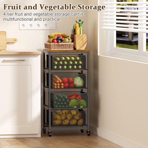 Brown 4-Tier Kitchen Rolling Cart with Drawers and Wooden Top for Fruits & Vegetables