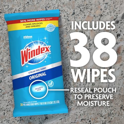 Windex Glass and Window Cleaner Wipes - 38 Count Pack of 6 - Streak-Free Surface Cleaner