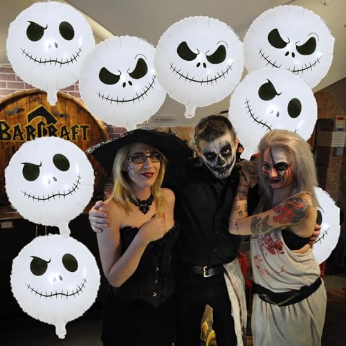 Halloween Skull Balloons Set, 18 Inch White Smiley Face Skull Mylar Foil Balloons Kit for Kids Horror Before Day of the Dead Trick or Treat Christmas Party Decorations Supplies