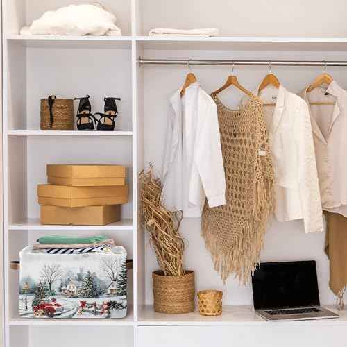 Christmas Tree Red Truck Basket - Merry Christmas Storage Bin Collapsible - Xmas Winter Snowman Snowflake Golden Retriever Dog Basket - Xmas Large Baskets for Kids Clothes, Gifts, Books, Toys