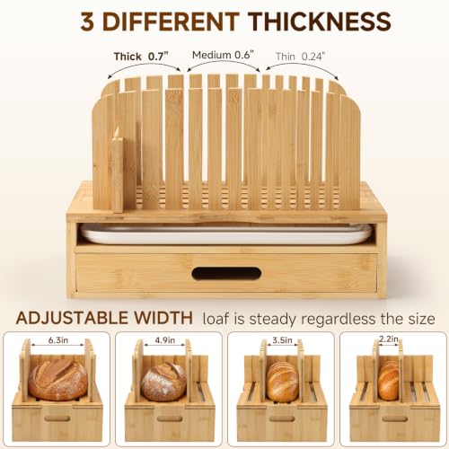 Bamboo Bread Slicer with Adjustable Guides and Crumb Tray – Wooden Loaf Cutter