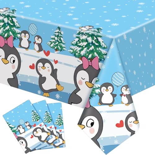Buryeah 3 Pcs Penguin Tablecloth Birthday Party Decorations Supplies Plastic Penguin Table Cover Snowflake Tablecloth Disposable for Christmas Theme Party Decoration, 51 x 87 Inch