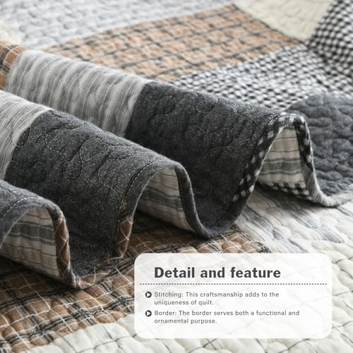 Queen Size Cotton Quilt Set with Striped Shams - Dark Grey, 3-Piece Bedding