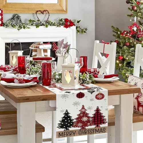 Red Pine Trees Merry Christmas Table Runner, Snowflake Table Runner, Seasonal Winter Decoration for Home Kitchen Dining Holiday Decor 13x72 Inch