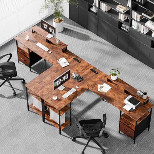 Rustic 62 Inch L-Shaped Computer Desk with Charging Station - DUMOS