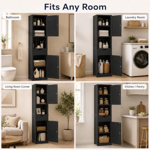 Tall Bathroom Storage Cabinet with 6 Adjustable Shelves - Black, 1 Drawer - Walsunny
