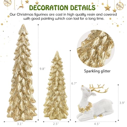 Gold Christmas Reindeer & Tree Figurine Set - Holiday Decor, Resin, 3 pcs