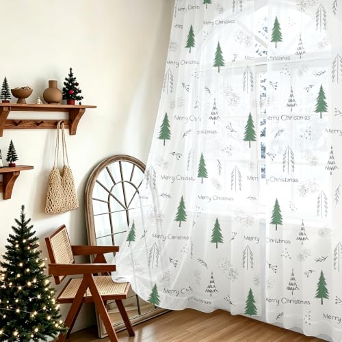 Youleyar Christmas Tree Print Sheer Curtains 72in L, Pack of 2, Green