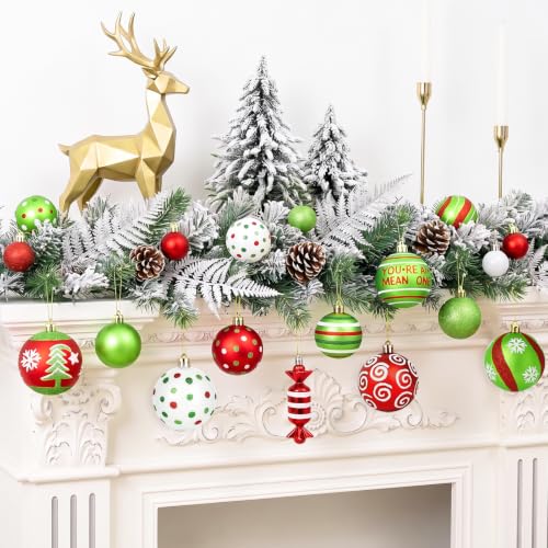 94Pcs Red Green White Christmas Ornament Set with Glitter Berry Stems & Ribbons