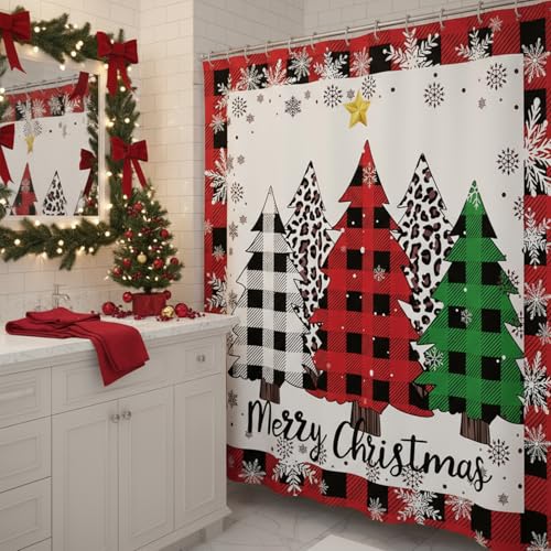 Christmas Tree Shower Curtain Red Buffalo Plaid Xmas Tree Snowflake 72x72 Inch with Hooks - Plaid Xmas Tree Pattern