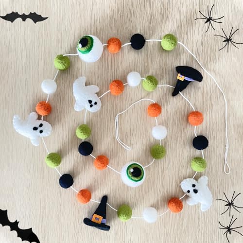 Halloween Felt Garlands Ghost Halloweens Garland Felts Balls Decorations Fall Pom Pom Garlands Halloween Banner Indoor Holiday Felts Garlans for Hallo ween Thanksgiving Fall Home Decor