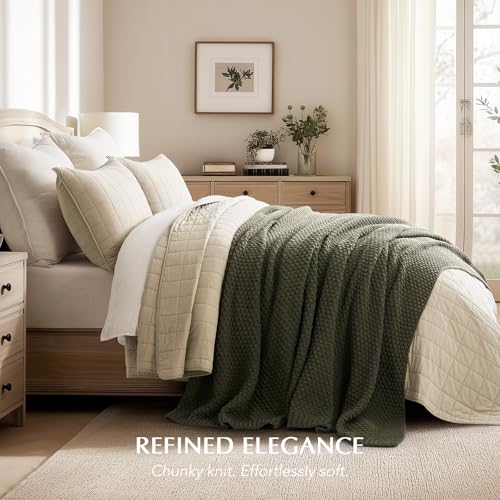 EverGrace Olive Green Chunky Chenille Knit Throw Blanket 90x90 Inches