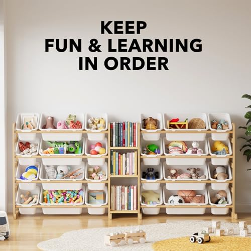 SpaceAid 74W Large Toy Storage Organizer with 24 Bins & 3 Shelves, White Kids Bookcase