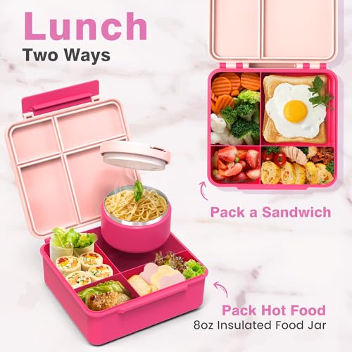 Kids Bento Lunch Box Set - Pink with 4-Compartment Food Container, Insulated Food Jar, Water Bottle & Accessories