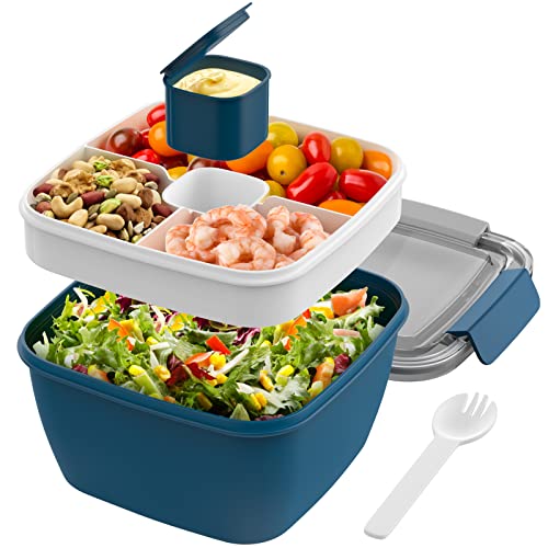 Cherrysea Salad Lunch Container, 52oz Salad Bowls with 3 Compartments Tray,Leak Proof Lunch Box with Fork for Men,Women BPA-Free Snack Container with Sauce Container for Dressings-Blue
