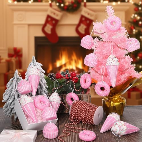 Gejoy Pink Donuts, Cupcakes & Ice Cream Decor Ornaments 19 Pcs – Xmas Foam Set (Pink Variation)