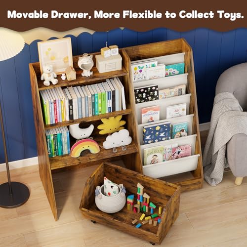 COZPAW Medium Kids Bookshelf Toy Storage Brown 4-Tier Toddler Organizer