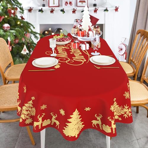 Faptoena Christmas Deer Oval Tablecloth 54x72 Inch Red with Gold Accent