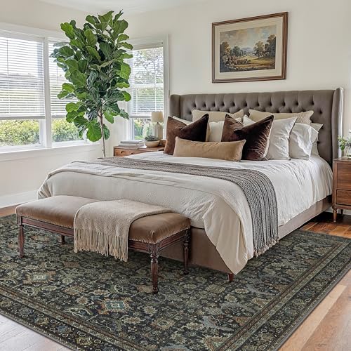 Black 8x10 Washable Area Rug for Living Room, Vintage Boho Non-Slip