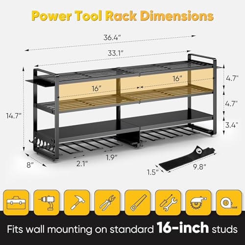 POKIPO Black Heavy Duty Power Tool Organizer Wall Mount, 4 Layers, Holds 400lbs