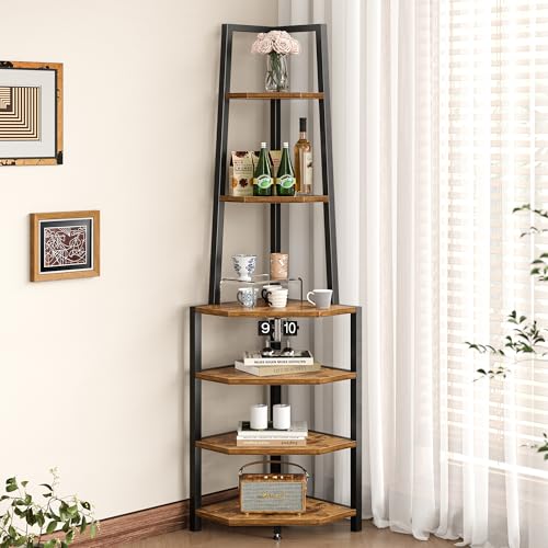 Brown 6-Tier Corner Shelf - Industrial Style Tall Plant & Display Stand