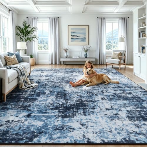 Dark Blue 9x12 Washable Abstract Area Rug for Living Room & Home Decor