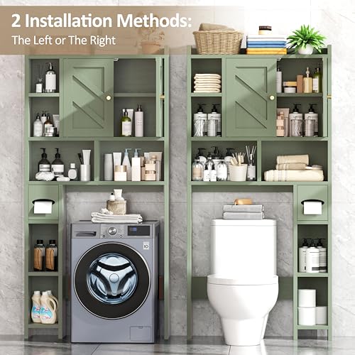 Meilocar Green Over The Toilet Storage Cabinet 64.6" Tall Bathroom Organizer with Adjustable Shelf & Toilet Paper Holder