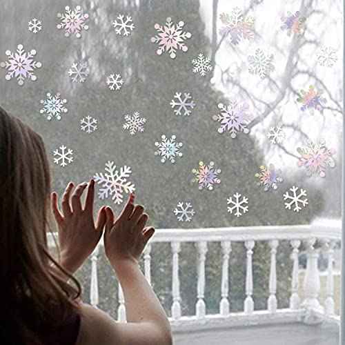 pinkblume 72pcs Iridescent White 3D Snowflake Wall Stickers Holographic Snowflakes Wall Decals for Winter Wonderland Christmas Frozen Nursery Xmas Showcase Window Wall Art Decor