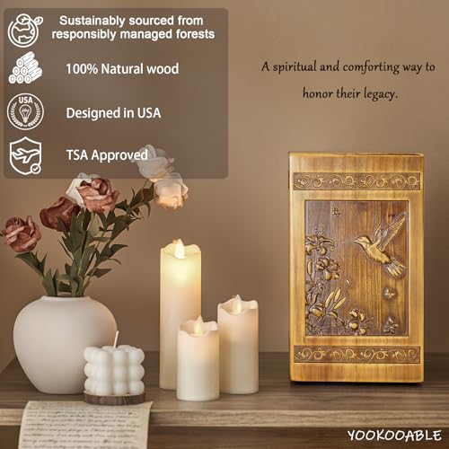 Hummingbird Carved Wooden Urn for Ashes - Large Cremation Memorial Box for Adults, with Velvet Bag & Necklace