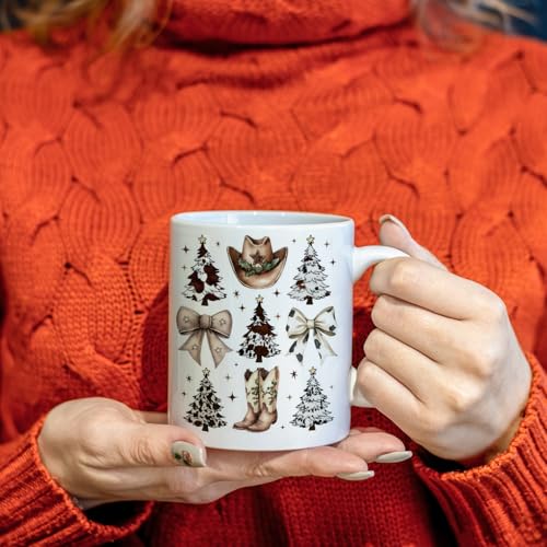JINYO Coquette Christmas Western Mug - Cow Print Bow Christmas Tree Coffee Cup, Cowboy Hat 11 oz (Christmas Coffee Mug-j)
