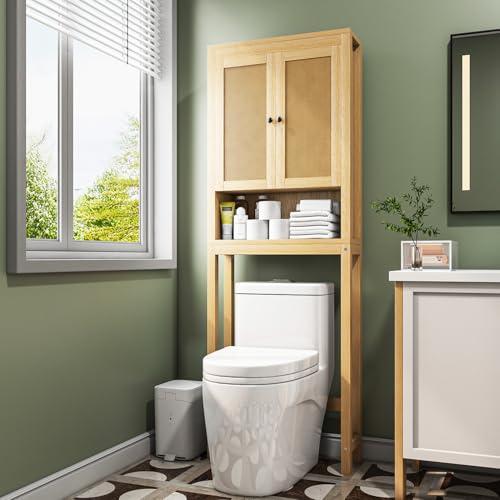 Over The Toilet Bathroom Storage Cabinet with Adjustable Shelf - Natural Rattan Style