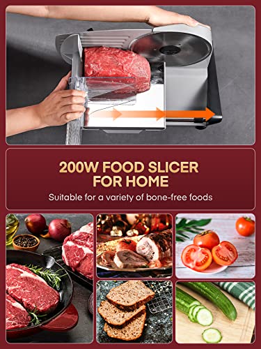 FOHERE 200W Silver Meat Slicer with 7.5-Inch Serrated & Smooth Blades, Adjustable Thickness
