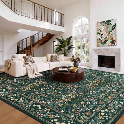 Amada Floral Washable Area Rug 8x10 Dark Green - Non-Slip, Durable, Soft