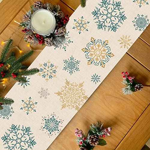 Seliem Winter Snowflakes Table Runner, Gold Blue Tabletop Scarf Home Kitchen Christmas Holiday Decor Sign, Seasonal Farmhouse Rustic Burlap Dining Decorations Party Supplies 13 x 72 Inch