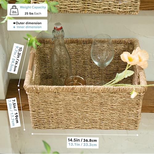 Seagrass Wicker Basket Set - Large Rectangular Storage Baskets with Wooden Handles, 3 Pack