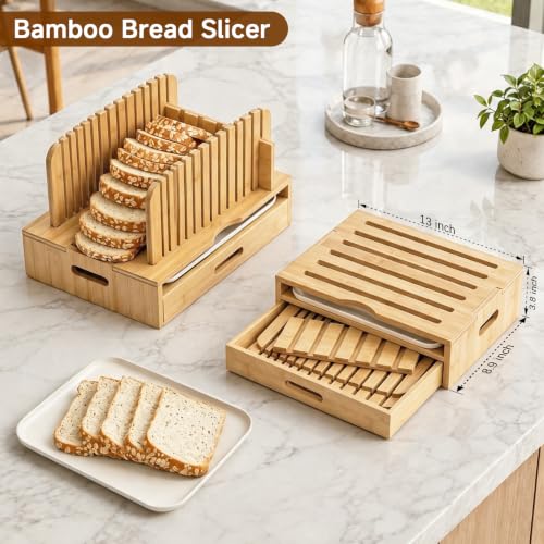Bamboo Bread Slicer with Adjustable Guides and Crumb Tray – Wooden Loaf Cutter