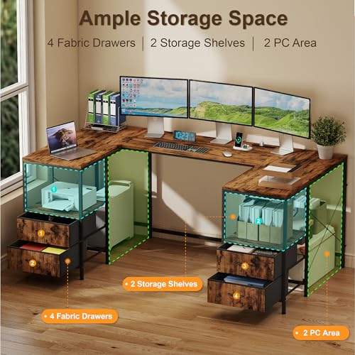 U-Shaped Gaming & Office Computer Desk with Storage - Reversible L Shape, 66 Inch