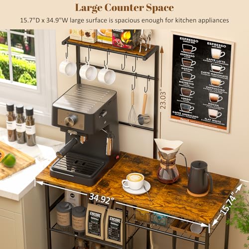 3IngSeagulls Rustic Brown 6-Tier Kitchen Baker's Rack with Adjustable Shelves & Hooks