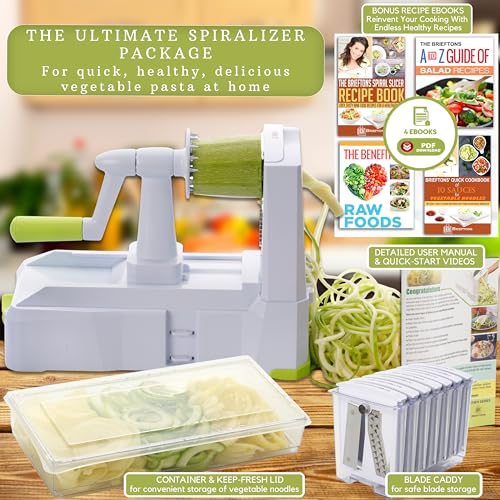Brieftons 10-Blade Vegetable Spiralizer with Catch Container - White