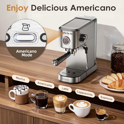 Spacekey Silver Espresso Machine with Milk Frother, 20 Bar Compact Coffee Maker for Home, 39oz Water Tank, Fast Heating