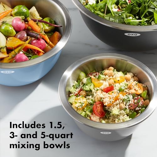OXO Good Grips 3-Piece Stainless Steel Mixing Bowls Set - Blue & Gray, Nesting & Dishwasher Safe