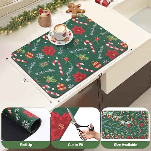 Findosom Christmas Dish Drying Mat, 12" x 20" Super Absorbent & Cuttable Dish Mat with Christmas Candy & Gift Pattern, Hide Stain Drying Mat for Kitchen Counter Coffee Maker Dining Room Decoration