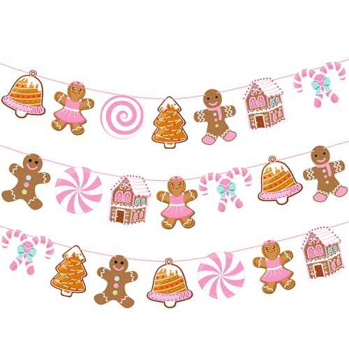 Gingerbread Christmas Decorations Pink Gingerbread Theme Banners 2PCS Christmas Candy Decor Gingerbread House Holiday Cuout Banners for Girls Xmas Birthday Baby Shower Supplies