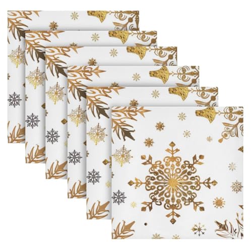 Christmas Snowflakes Cloth Napkin Set of 6 Gold White Reusable Holiday Table Linen