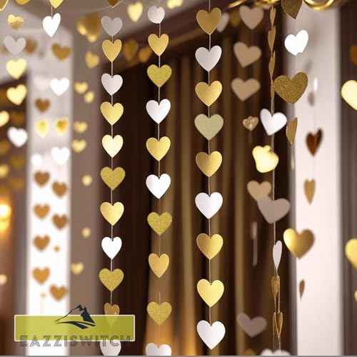 Gold Wedding Engagement Party Decorations: Champagne Glitter Hearts Banner Garland Streamers Backdrop for Bachelorette Bridal Baby Shower Anniversary Birthday Christmas Valentines Day D?cor - 52 Ft