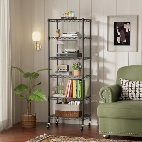 Black 6-Tier Wire Storage Shelf - Adjustable Metal Shelving Unit 17.5x11.5x61.5 Inches