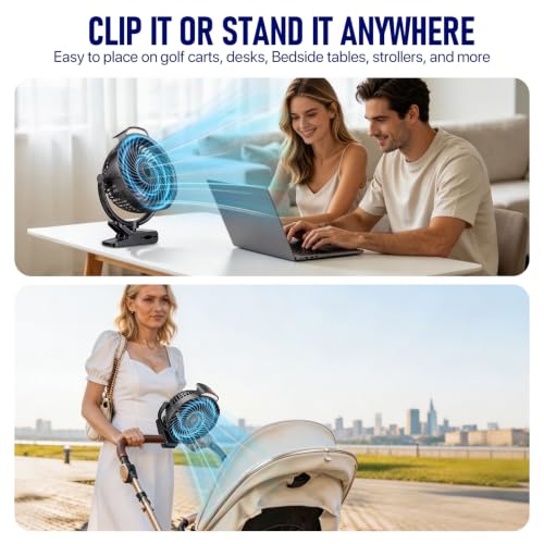 Gentsvip Black 8-Inch Rechargeable Clip-On Fan with LED Light, 9-Speed, 360° Rotation, 30H Battery