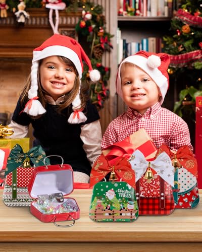 6 Pcs Mini Suitcase Christmas Tin Boxes with Bows – Holiday Gift Favor Boxes