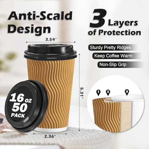 Champagne 16 oz Coffee Cups with Lids & Straws - Disposable Paper Set, 50 Pack