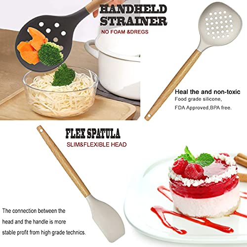 BESTZMWK Khaki 35-Piece Kitchen Utensil Set Silicone & Wooden Handles